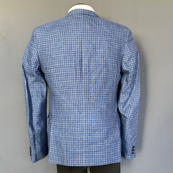 Tallia Linen Gingham Blazer | Size 36-38R | Blue Check Gold‎ Button Sport Coat - Picture 3 of 9